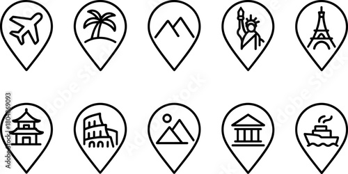 Location and navigation icons set. Map pin, route, destination, global positioning. Outline vector illustrations