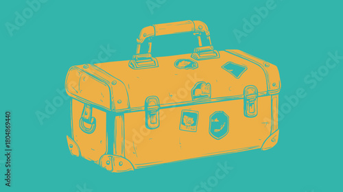 A vintage-style illustration of an old travel suitcase or toolbox with stickers on a teal background.