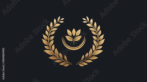 Golden laurel wreath emblem with crescent moon and leaves on a dark background, symbolizing achievement or agriculture.