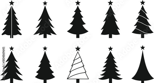 Black Christmas tree silhouette vector set with star toppers, simple pine shapes and minimal holiday icons for winter festive designs