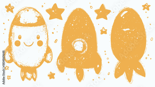 Three cute cartoon rockets in blue, yellow, and red with smiling faces, surrounded by small yellow stars, against a white background.
