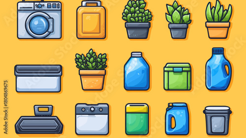 Flat design illustration featuring various shapes of blue plant containers and pots on a bright yellow background.