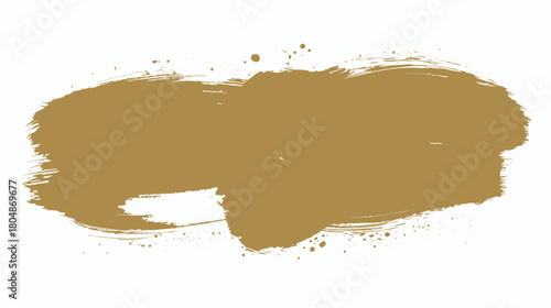 A broad, textured brush stroke in a golden brown color with paint splatters on a white background.