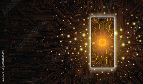 Mobile phone technology concept with glowing mobile phone icon in the center, electronic circuit pattern on the surface and surrounded by circuit pattern on dark black background.