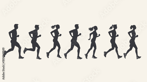 Silhouettes of diverse people running in various stages of motion, illustrating dynamic movement and athletic activity.
