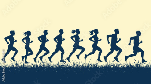 A line of diverse people, men and women, running together in silhouette against a light background with grass.