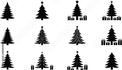 Black Christmas tree silhouette set with festive star toppers and gift boxes, winter holiday pine tree icons for seasonal designs