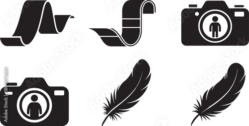 Digital storytelling concept with camera symbols and elegant feather illustrations