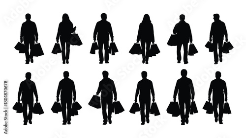 People walking with shopping bags silhouettes isolated on white background, Vector