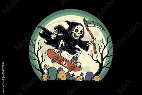 Grim Reaper Skateboarder Riding Through Graveyard.