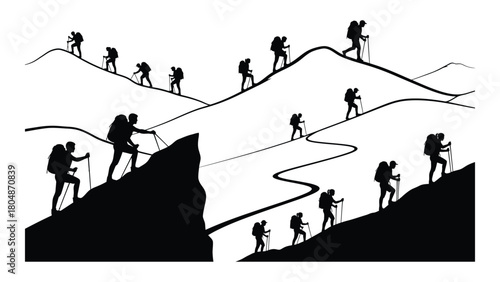 Mountain hiking silhouettes isolated on white background, Vector