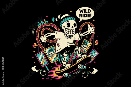Skeleton Skateboarder Riding a Rollercoaster with Wild Ride Text