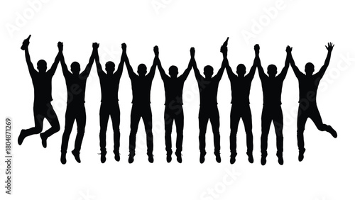 Group of jumping men silhouettes celebrating isolated on white background, Vector