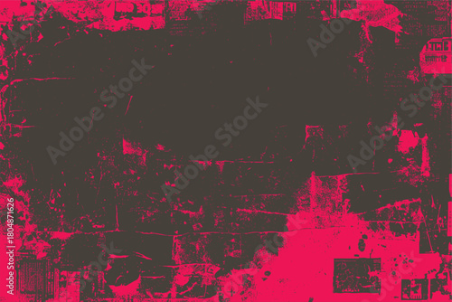 Distressed grunge texture with abstract geometric shapes and scattered dots in vibrant pink and dark gray