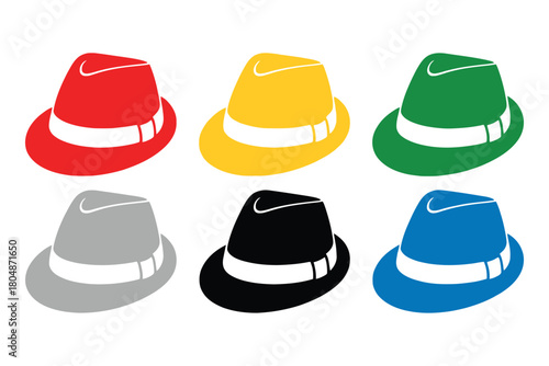 Six colorful fedora hats arranged in two rows on a white background.