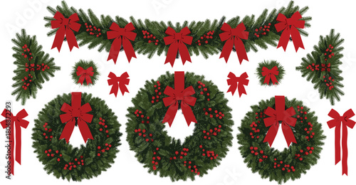 Christmas wreath and garland vector set with red bows and holly berries, festive winter holiday decoration elements for seasonal design projects