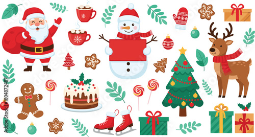 Cute Christmas cartoon vector set with Santa, snowman, reindeer, gifts, tree, cookies, hot cocoa, ice skates and festive holiday elements