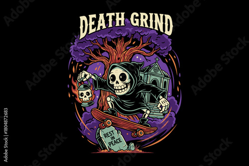 Grim Reaper Skater with Lantern and Skateboard.
