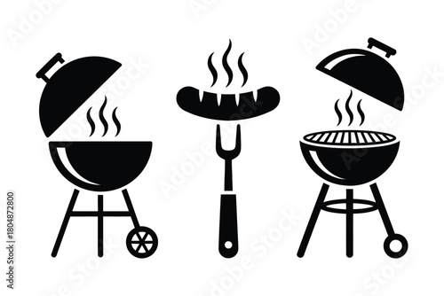 Three stylized black barbecue grills and a sausage on a fork.