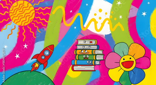 Colorful joyful cartoon scene with books flowers rainbow and sun.