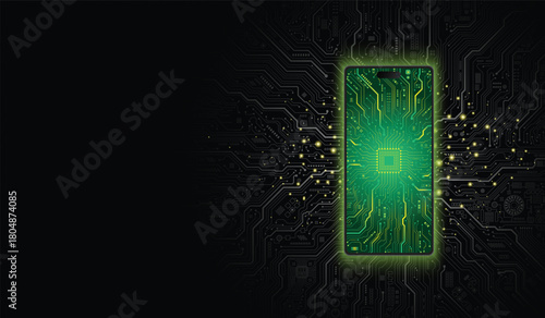 Mobile phone technology concept with glowing mobile phone icon in the center, electronic circuit pattern on the surface and surrounded by circuit pattern on dark black background.