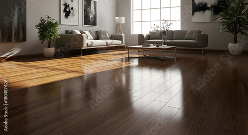 Sunny Modern Living Room With Hardwood Floor and Green Plants.