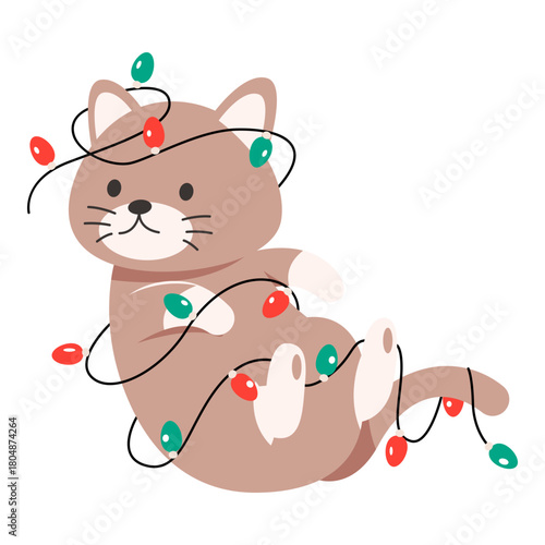This cat entangled christmas light illustration is suitable for Christmas Cat.