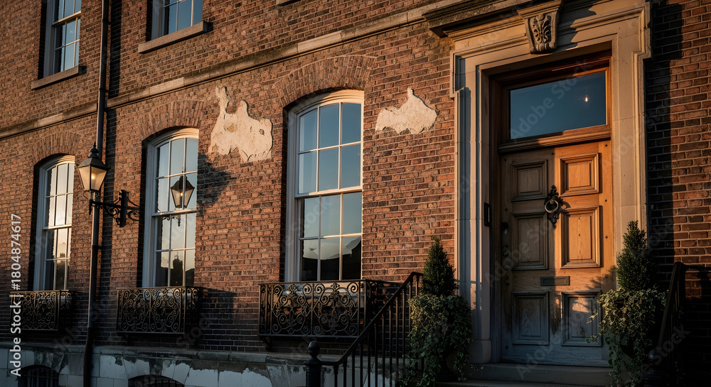 Fototapeta premium Brick townhouse facade with peeling plaster and warm light.