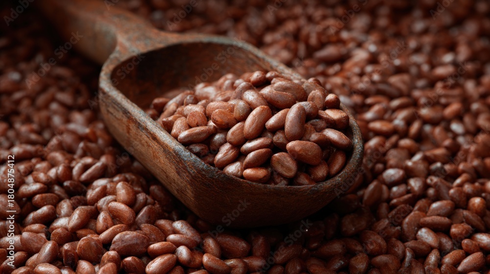 Fototapeta premium Wooden spoon filled with small, round, brown beans. the spoon is resting on top of a pile of more beans, which are scattered around the spoon.