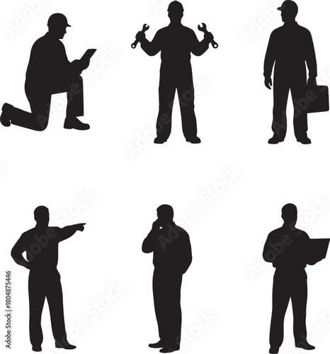 Industrial Worker Engineer Mechanic Silhouette Vector Set