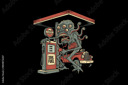 Scary monster filling car with soul fuel at gas station.