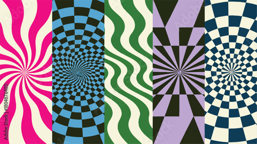 Abstract geometric patterns in retro psychedelic style creating a visually captivating and mind-bending optical illusion background