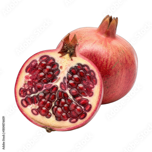 Whole Pomegranate and Half Pomegranate Showing Red Seeds on a Transparent Background with Soft Lighting