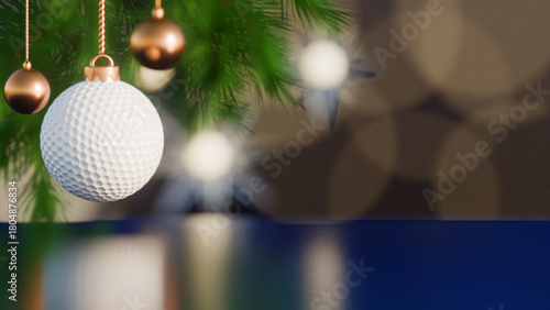 Golf ball christmas ornaments hanging on pine tree branch for holiday decoration. 3d rendering