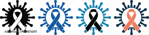 Collection of stylized virus icons with awareness ribbons in different colors symbolizing health and support