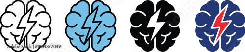 Collection of four brain and lightning bolt vector icons; variations include outline, blue brain, black brain, and blue brain with red bolt, symbolizing intelligence, creativity, and powerful thought