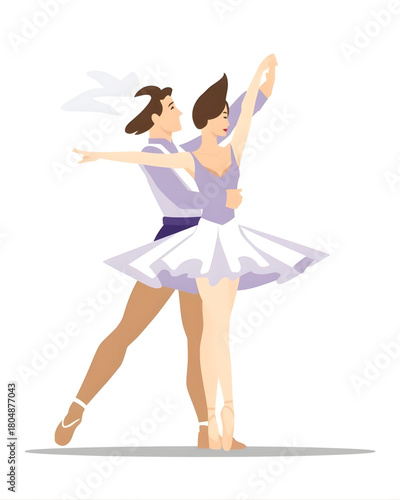 Pas de Deux duo ballet flat vector illustration, male and female dancers in synchronized pose, graceful motion, pastel palette