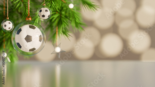 Christmas tree decorated with soccer ballthemed ornaments. 3d rendering