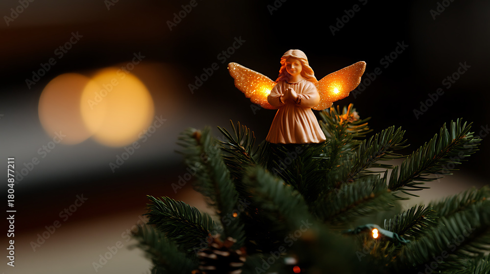 Obraz premium Angel figurine on top of a Christmas tree, glowing and poised. Festive scene with soft bokeh lights in the background, symbolizing peace and holiday cheer.