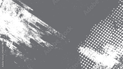 Grey textured background with white distressed brush strokes and halftone dots pattern abstract grunge