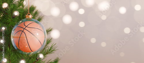Christmas ornament shaped like a basketball hanging on a decorated tree. 3d rendering