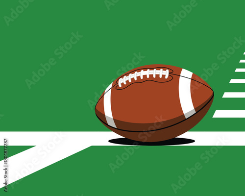 A traditional brown American football, featuring classic white laces and stripes, sits poised on a bright green field with sharp white yard lines, ready for the action and excitement of the sport