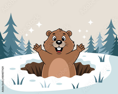 Groundhog Day Celebration A Cheerful Groundhog Emerges from Its Burrow