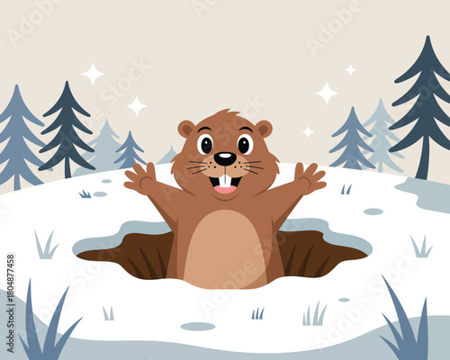 Delighted Groundhog Emerges from Burrow on Snowy Day, Ready for Spring with Wide Open Arms