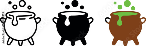 Hand drawn vector illustration of a set of a brush and human hand near an isolated black magic cooking cauldron pot