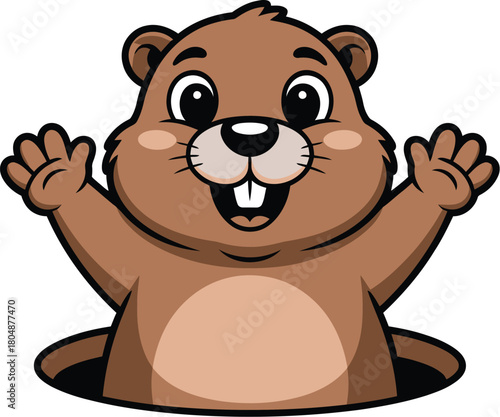 Cute Cartoon Groundhog Emerging from Hole with Arms Raised in Delight