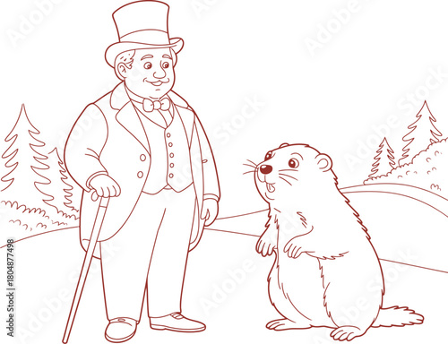 A Man with a Top Hat and a Groundhog A Delightful Black and White Illustration