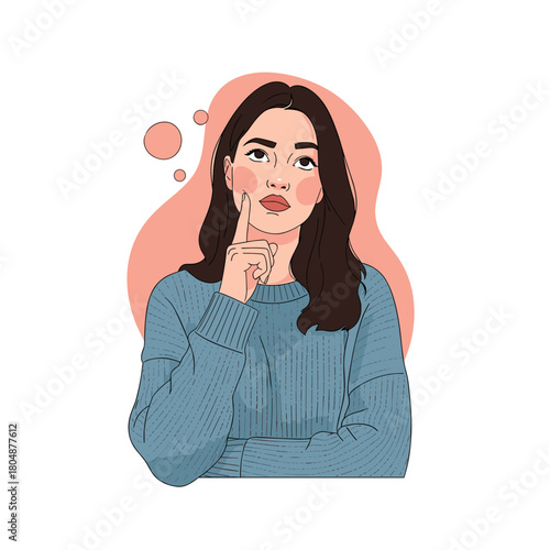 Illustration of a young woman with dark hair thinking with her finger on her chin.