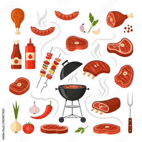 Collection of grilled meats, vegetables, and barbecue essentials on a white background.