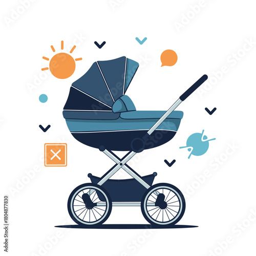 Stylized illustration of a blue baby stroller with surrounding icons and graphics.